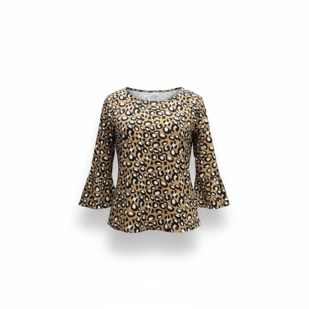 Kim Rogers Blouse XL Leopard Animal Print 3/4 Bell Sleeve Cotton Knit Top